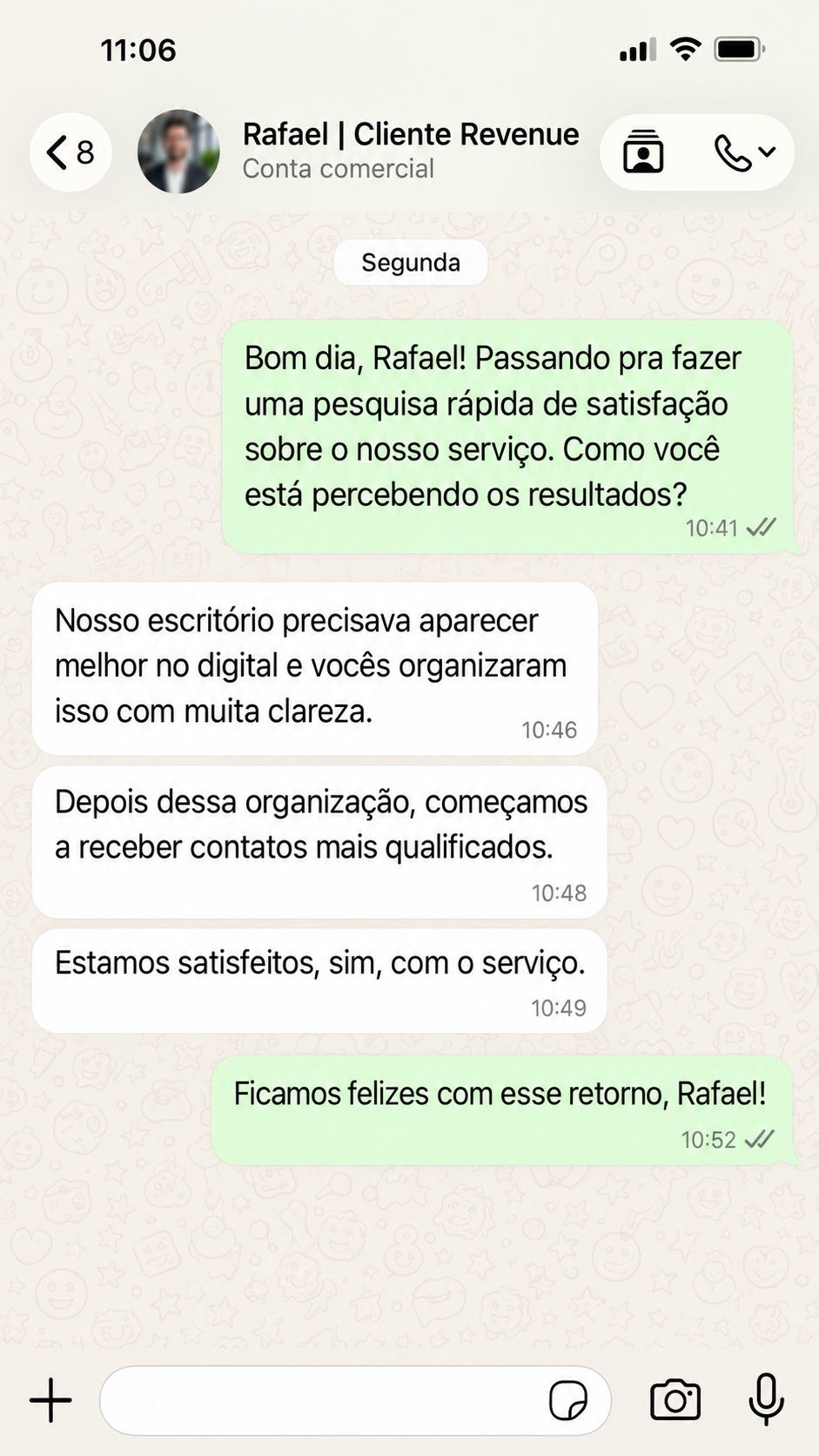 Conversa de WhatsApp com o depoimento de Rafael sobre o serviço da Revenue Marketing